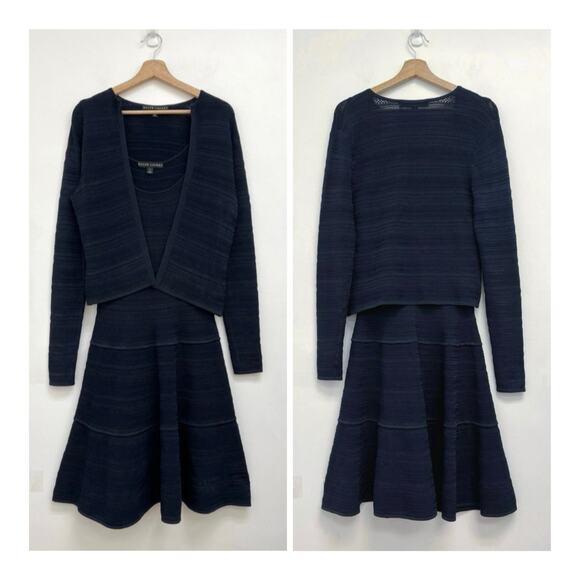 Ralph Lauren Black Label Textured Knit Fit and Flare Dress Cardigan Set Navy S/M - Picture 1 of 15